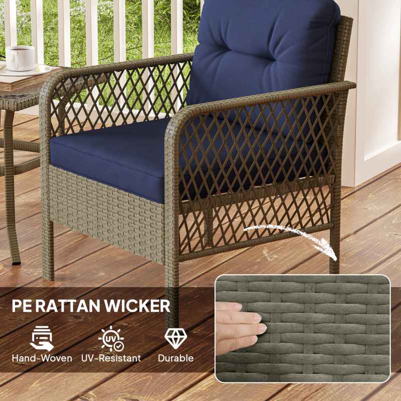 Outsunny 3 Pieces Rattan Bistro Set, Wicker Garden Furniture Set with Glass Top Coffee Table and Chairs, Thickened Cushions for Outdoor, Patio, Balcony, Charcoal Grey