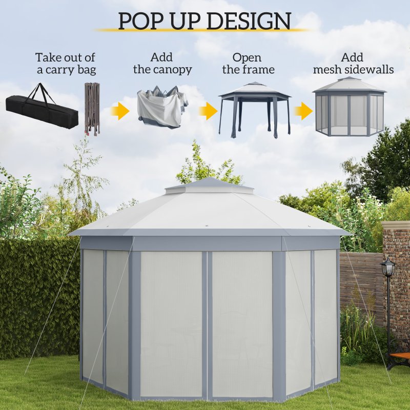 Outsunny 3 x 4m Garden Gazebo Hexagon Pop Up Gazebo Party Tent Canopy Double Roof Instant Shelter with Netting and Carry Bag for Outdoor Patio, Grey