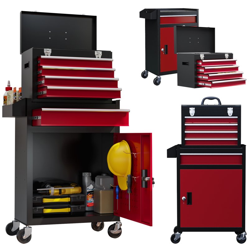 HOMCOM Rolling Tool Cabinet on Wheels with 5 Drawers and Lockable Cabinet, Portable Top Tool Chest and Roller Cabinet Combo for Workshop and Home, Red