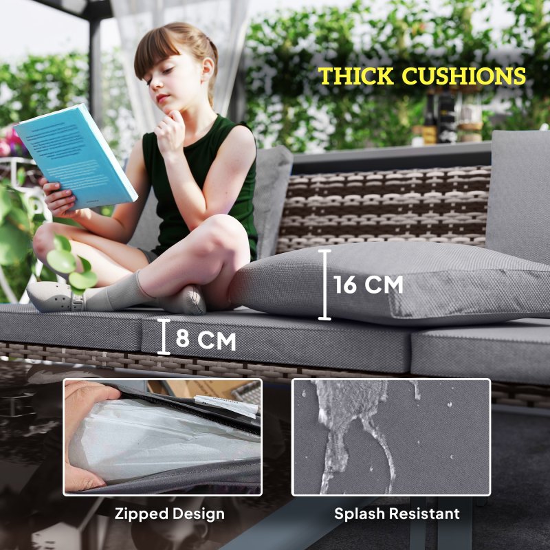 Outsunny 6 Piece Rattan Garden Furniture Set with 3-Seater Sofa, 2 Chairs and 2 Footstools, 7 Seater Outdoor Sofa Set with Glass Top Coffee Table and Cushions for Balcony, Grey