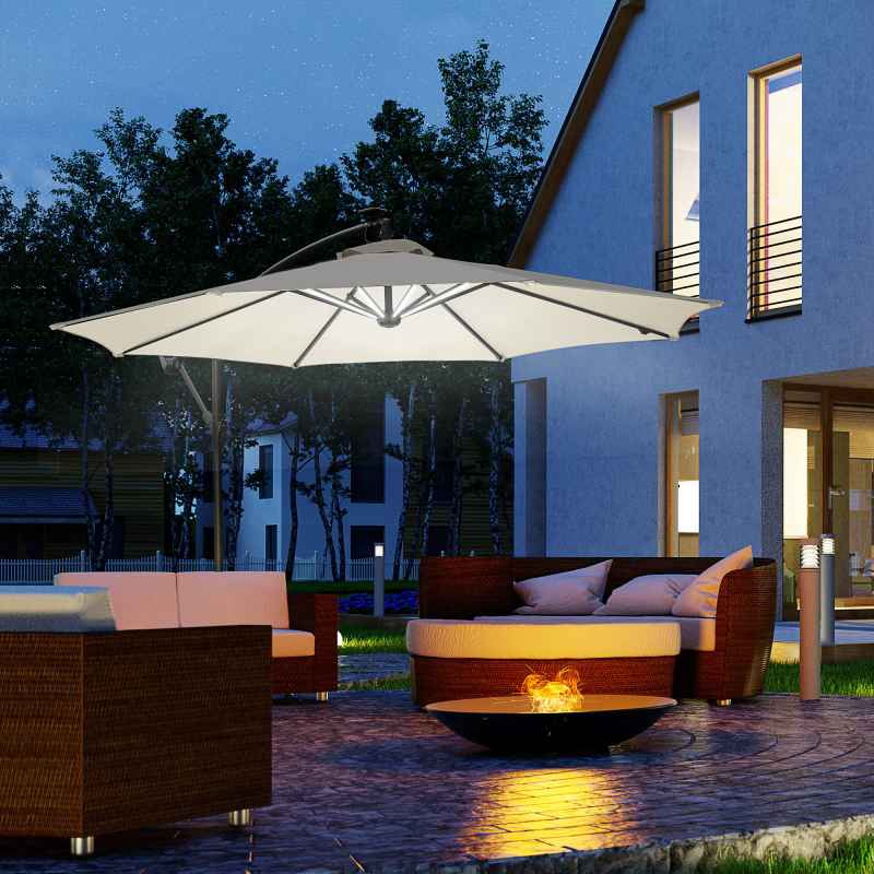 Outsunny 3(m) Banana Cantilever Parasol with Solar LED Lights, Garden Umbrella with Cross Base and Crank Handle, Hanging Offset Sun Shade for Outdoor, Patio, Cream White