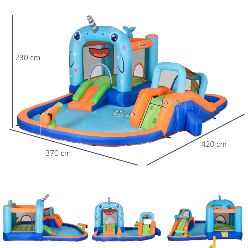 Outsunny 5 in 1 Kids Bouncy Castle Narwhals Style Inflatable House with Slide Trampoline Pool Water Gun Climbing Wall with Inflator Carrybag, 4.2 x 3.7 x 2.3m