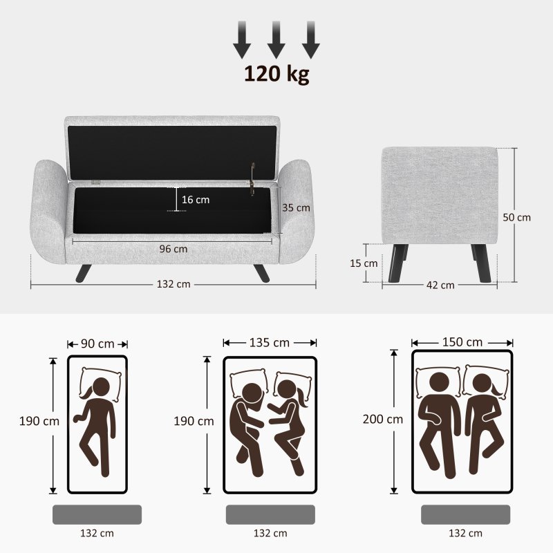 HOMCOM Storage Ottoman with Armrest, Upholstered Linen Storage Bench, Window Seat with Rubberwood Legs, Footstool for Bedroom Living Room, Hallway, Light Grey