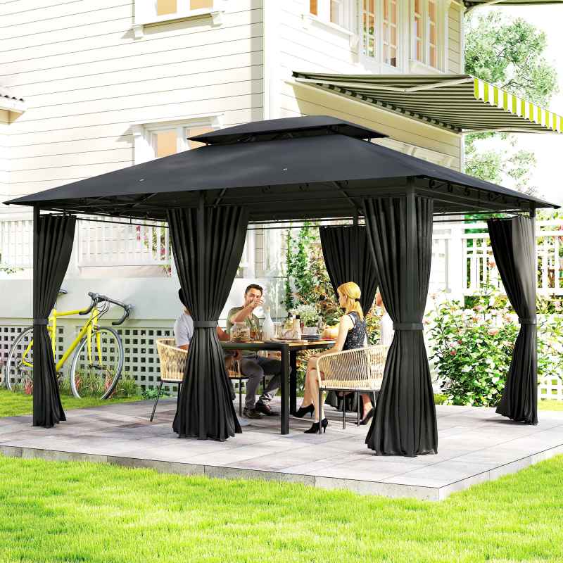 Outsunny 4m x 3(m)Garden Gazebo, Double Roof Outdoor Gazebo Canopy Shelter with Curtains, Solid Steel Frame for Patio, Garden, Black