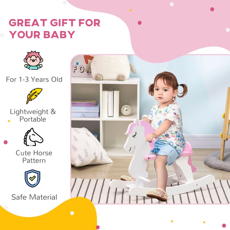 HOMCOM Kid Wooden Rocking Horse, Ride-On Toy with Handlebar, Foot Pedal for Toddlers Boys Girs (Pink) for Ages 1-3 Years