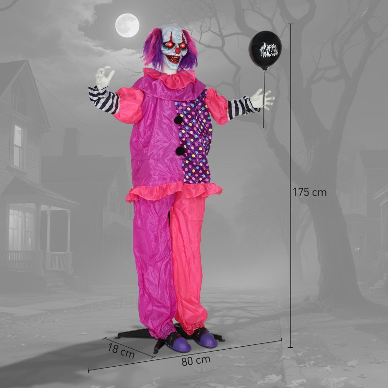 Outsunny 5.7ft/175 cm Life Size Halloween Animated Clown & Balloon with Red Light Up Eyes, Sound Activated Moving Body, Scary Clown Halloween Decorations, Battery Operated, Indoor Party Props