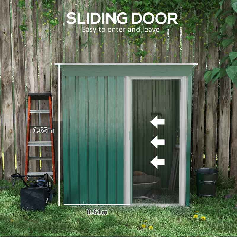 Outsunny 5 x 3ft Garden Storage Shed with Sliding Door and Sloped Roof, Lean to Outdoor Equipment Tool Shed for Garden, Green