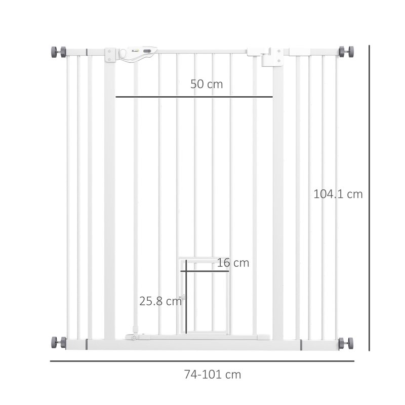 PawHut Extra Tall Dog Gate with Cat Flap, Pet Safety Gate for Doorways Stairs with Auto Close Double Locking, 104 cm Tall 74-101 cm Wide, White