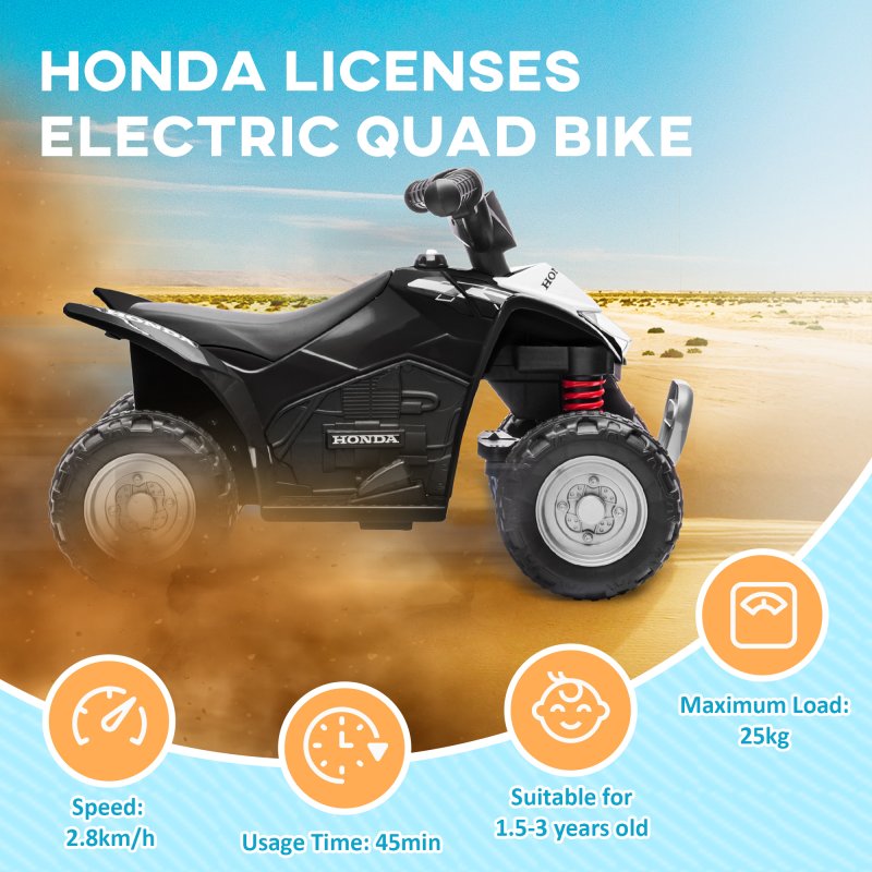 AIYAPLAY Honda Licensed Kids Electric Quad Bike, 6V Ride On Car ATV Toy, with LED Light, Horn, for 1.5-3 Years, Black
