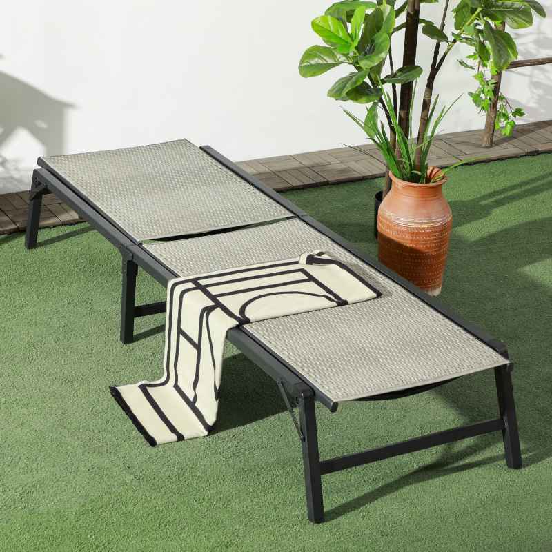 Outsunny Foldable Outdoor PE Rattan Sun Lounger, Patio Wicker Recliners Lounge Chair w/ 5-Level Adjustable Backrest, for Poolside, Garden, Mixed Grey