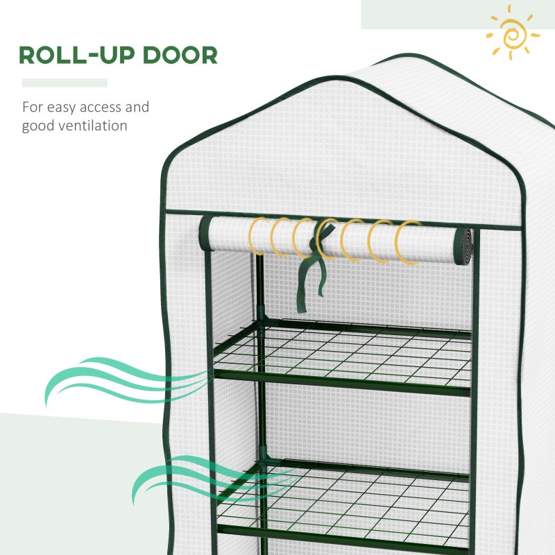 Outsunny 3 Tier Mini Greenhouse with Reinforced PE Cover, Portable Indoor Outdoor Greenhouse with Roll-up Door and Wire Shelves, 127H x 59W x 39D cm, White