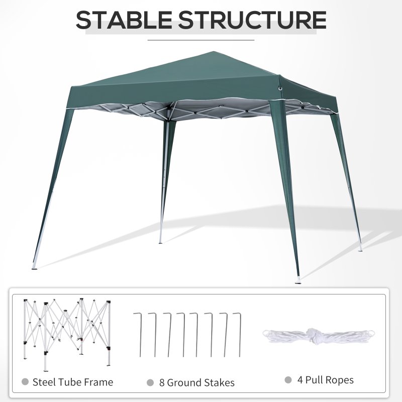 Outsunny 3 M x 3 M Base/ 2.5 M x 2.5 M Top Pop Up Gazebo, 2 Person Setup Instant with Carry Bag, Height Adjustable Slant Leg Party Tent Instant Event Shelter for Garden, Patio, Green
