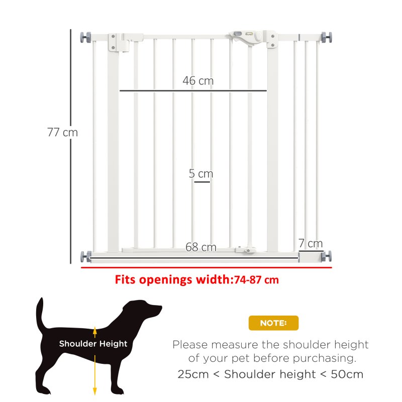 PawHut Dog Gate Stair Gate Pressure Fit Pets Barrier Auto Close for Doorway Hallway, 74-87cm Wide Adjustable, White