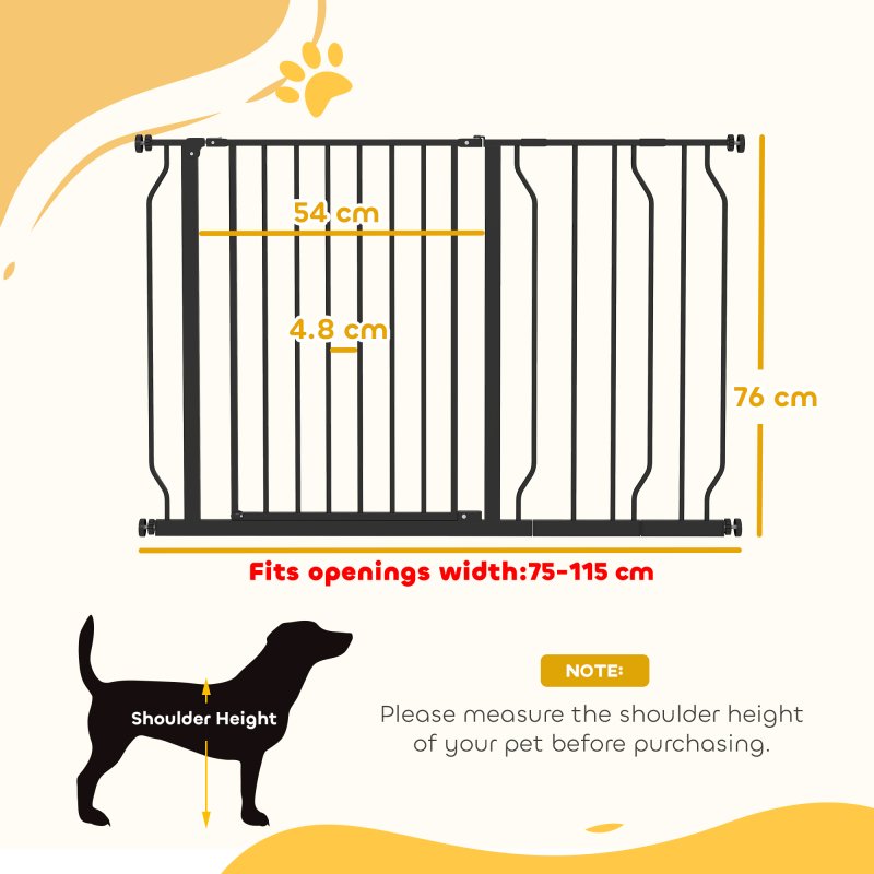 PawHut Dog Gate Wide Stair Gate w/ Door Pressure Fit Pets Barrier for Doorway, Hallway, 76H x 75-115W cm - Black