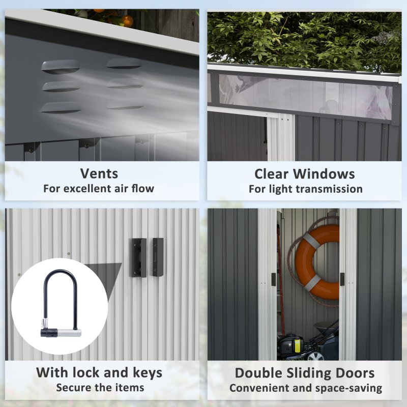 Outsunny 6.5 x 4FT Galvanised Metal Garden Shed with Foundation Kit, Lockable Tool Storage House with Double Sliding Doors and 2 Vents, Grey