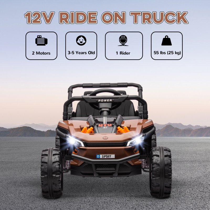 AIYAPLAY Kids Ride on Car, 12V Battery Powered Electric Truck with Remote Control, 4 Suspension Wheels, Horn, Lights, Music, USB, for Ages 3-5 Years, Brown