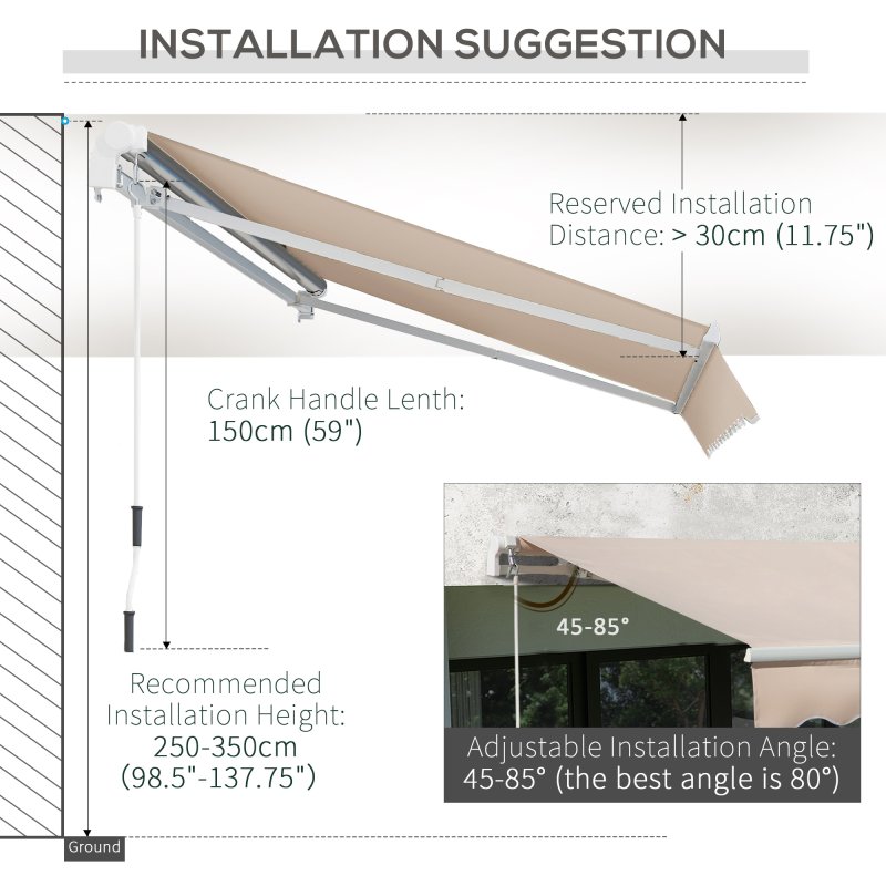 Outsunny 4x2.5m Retractable Manual Awning Window Door Sun Shade Canopy with Fittings and Crank Handle Beige