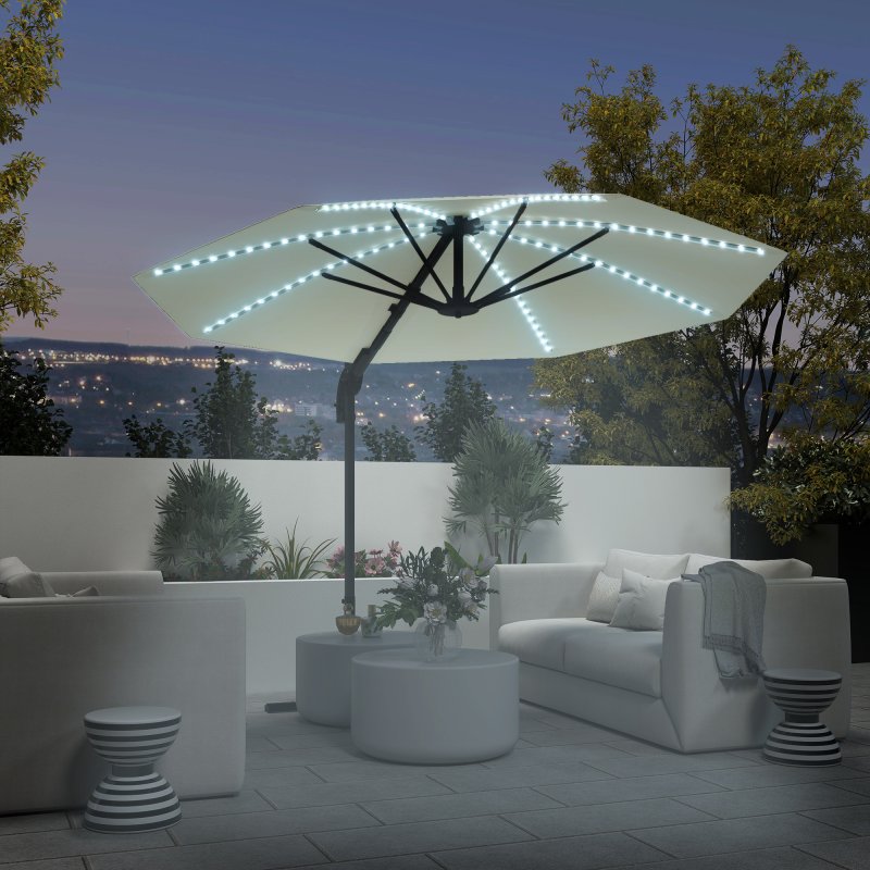 Outsunny 3(m) Cantilever Garden Parasol with Solar Powered Lights, Fibreglass Ribs, Crank Handle & Cross Base, UPF 50+, 360 Rotation, Overhanging Patio Umbrella for Patio Market, Cream