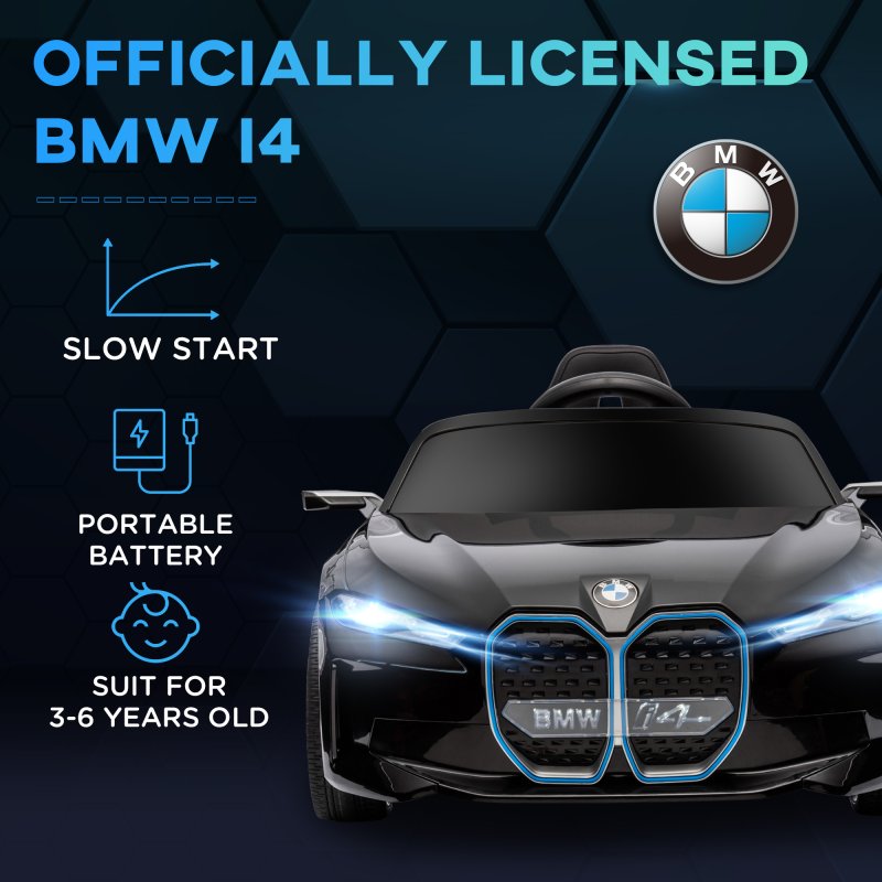 HOMCOM BMW i4 Licensed 12V Electric Car for Kids, Kids Electric Ride-on with Remote Control, Suspension Wheels, Music, Horn, Lights, MP3 Slot, Portable Battery, for Ages 3-6 Years - Black
