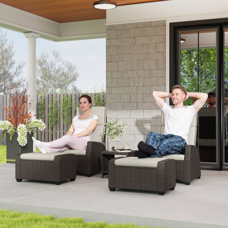 Outsunny 5 Pieces PE Rattan Garden Furniture Set, Wicker Outdoor Furniture Set with Reclining Chairs, Coffee Table, Footstools and Thick Cushions for Balcony, Patio, Brown