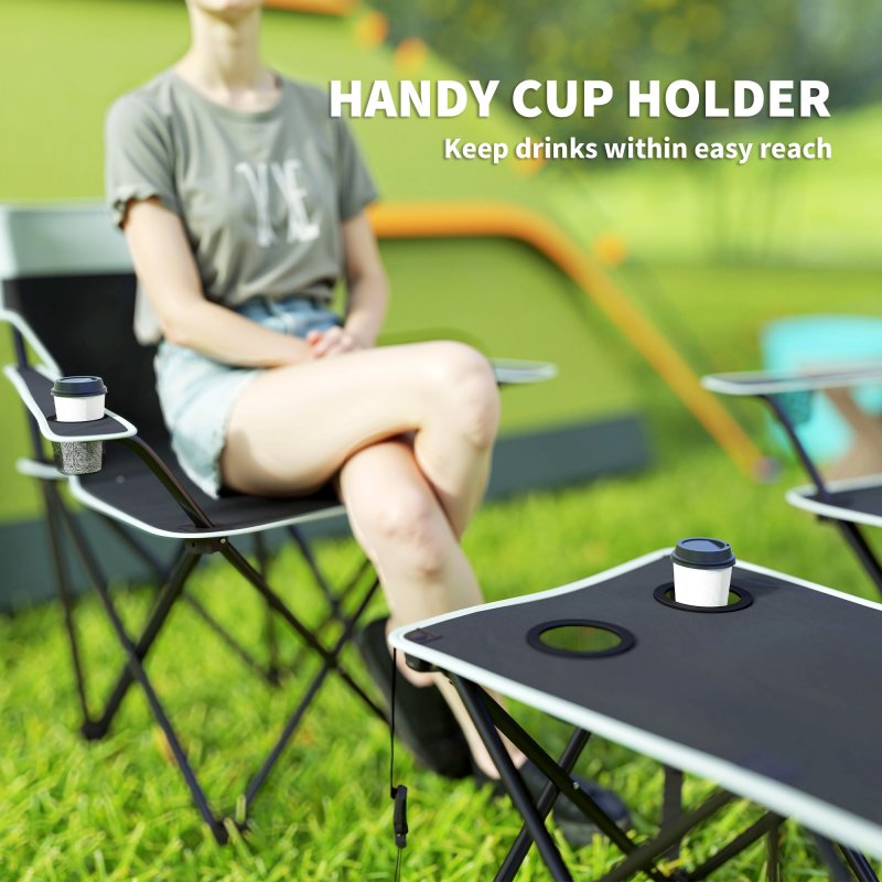 Outsunny 4 Piece Foldable Camping Table and Chairs Set, Portable Picnic Table with 3 Chairs, Cup Holders and Carrying Bag, Outdoor Lightweight Table Set for BBQ, Picnic, Parties, Grey