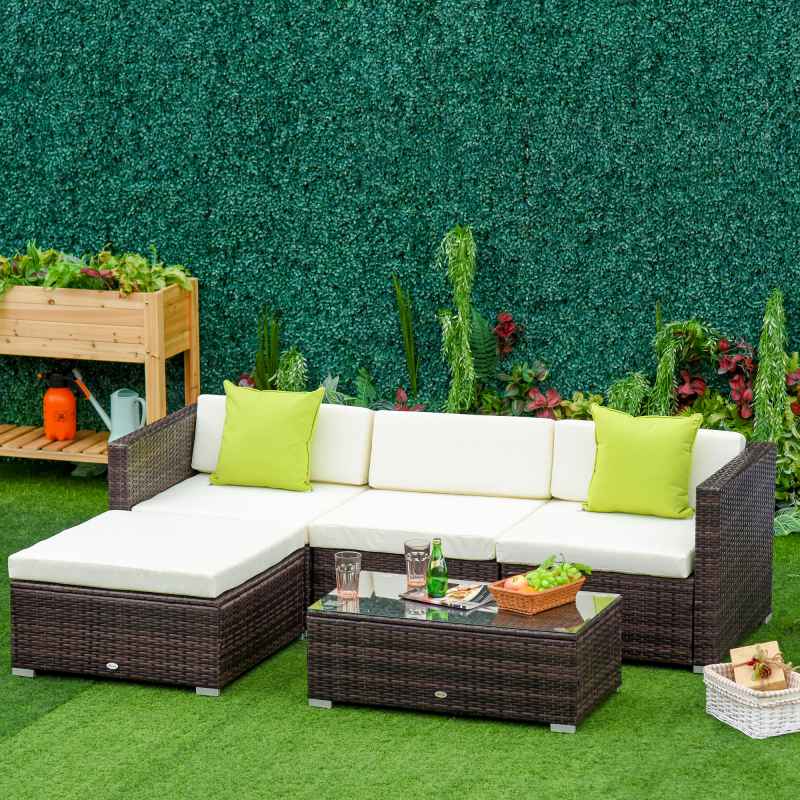 Outsunny 5 Pieces PE Rattan Garden Furniture Set with Cushions, Outdoor Corner Sofa, Patio Sectional Conversation Furniture Sets with Glass Top Coffee Table, Brown