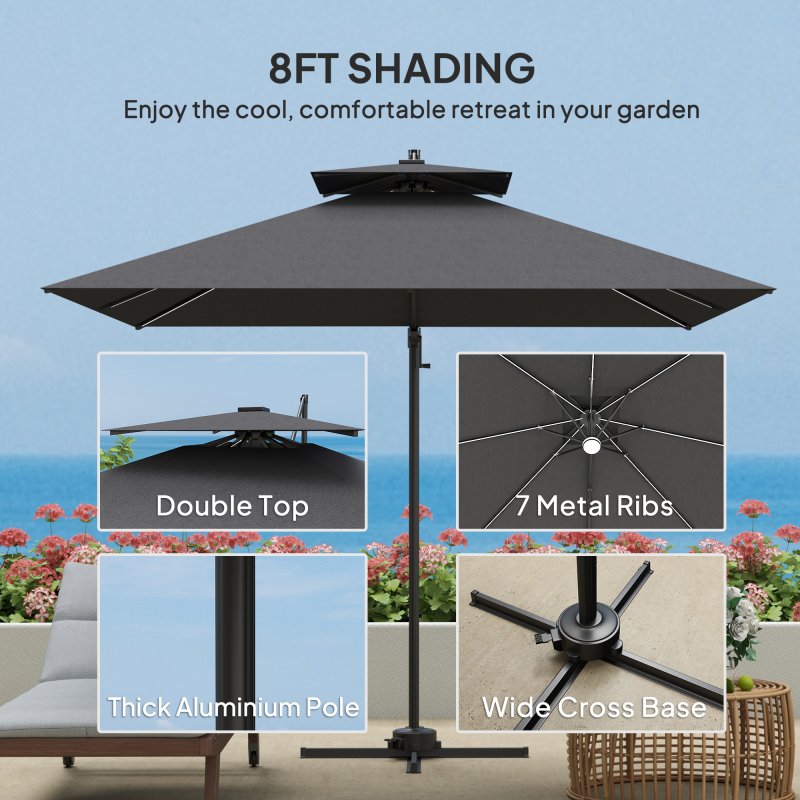 Outsunny 2.5m Cantilever Parasol with Solar Powered LED Lights, Double Top Square Overhanging Garden Parasol with 360?? Rotation, Tilt Adjustment, Crank Handle, Dark Grey