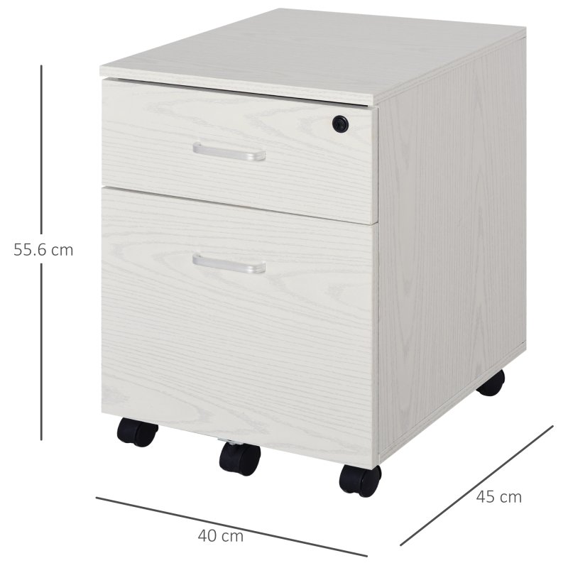 Vinsetto 2-Drawer Locking Office Filing Cabinet w/ 5 Wheels Rolling Storage Hanging A4 Cupboard Home Organisation White Wood Grain