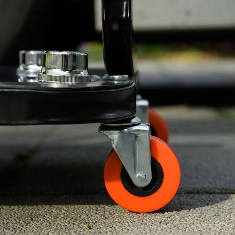 HOMCOM Workshop Stool, Rolling Machine Stool with 360?? Swivel, Padded Seat, Tool Tray, for Garage, Workshop, Auto Repair, Red