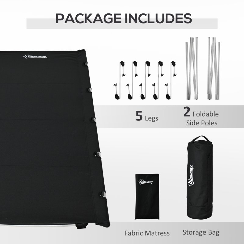 Outsunny Lightweight Camping Bed, Aluminium Portable Camp Cot Sleeping Bed w/ Strong Support 150kg and Carry Bag for Outdoor Overnighter Camping, Hiking, Travel, RV, Black