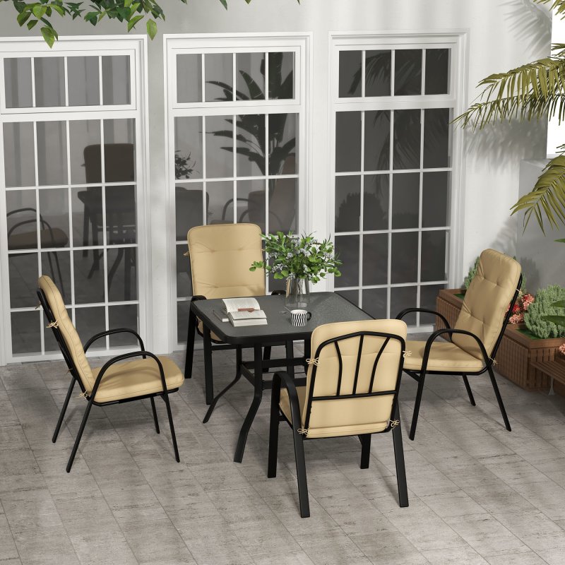 Outsunny 5 Pieces Garden Dining Set, Outdoor Square Dining Table and 4 Cushioned Armchairs, Tempered Glass Top Table w/ Umbrella Hole, Texteline Seats, Beige