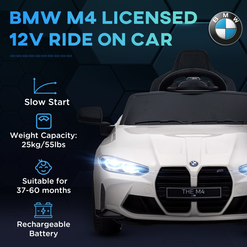 AIYAPLAY BMW M4 Licensed Electric Car for Kids, 12V Kids Electric Ride on with Remote Control, Suspension, Music, Horn, LED Lights, for Ages 3-5 Years, White