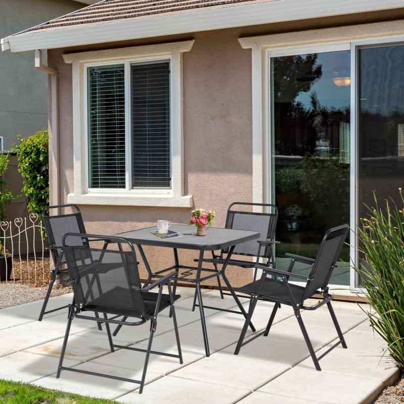 Outsunny 5-Piece Garden Dining Set with 4 Foldable Armchairs, Outdoor Furniture Set with Parasol Hole and Wood-plastic Composite Top Dining Table, Mesh Seat, Black