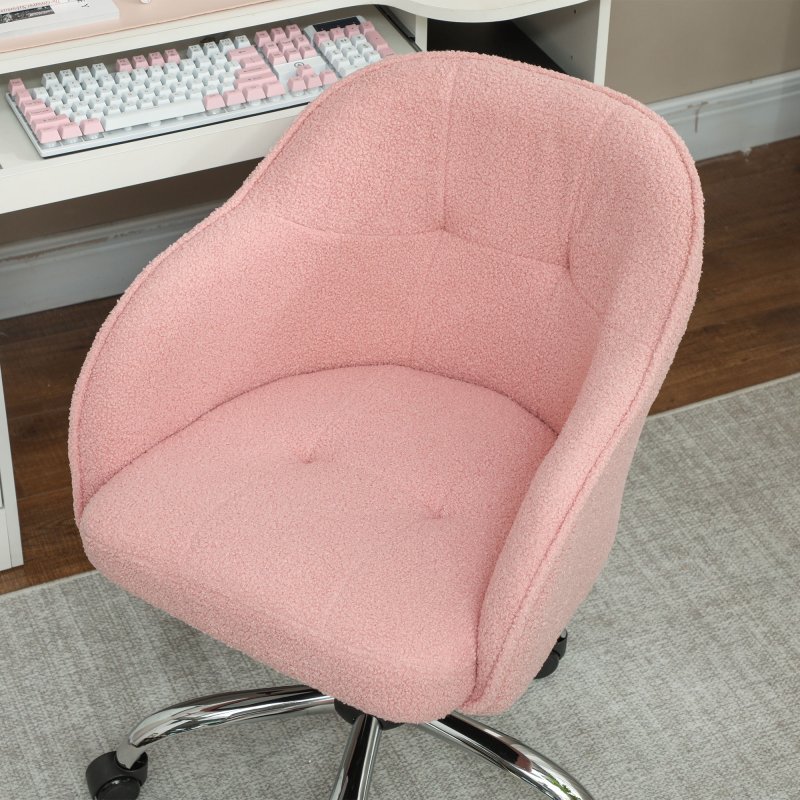 HOMCOM Office Chair, Teddy Fleece Swivel Computer Desk Chair, Makeup Vanity Seat with Adjustable Height for Home Study Bedroom, Pink