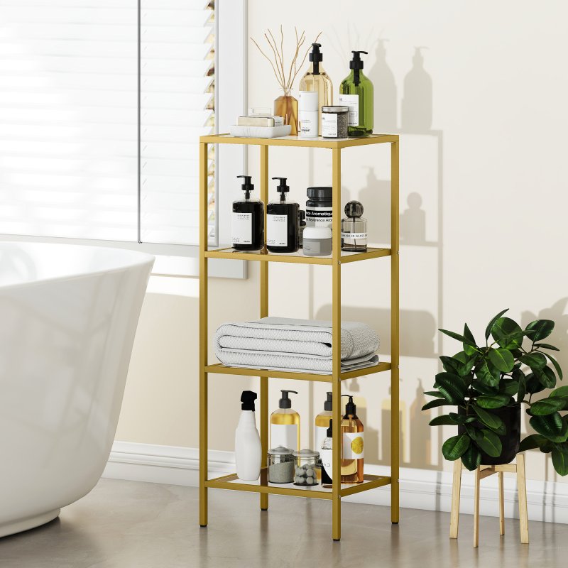 HOMCOM 4-Tier Shelving Unit, Modern Glass Shelf, Bookshelf, Storage Rack for Living Room, Home Office, Bedroom, Bathroom, 40 x 30 x 97 cm, Gold Tone