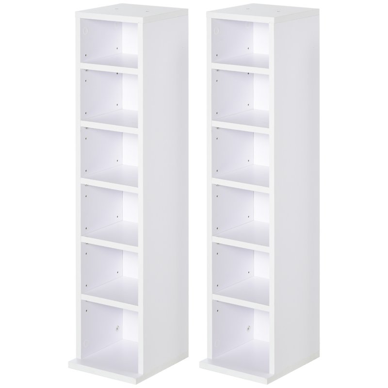 HOMCOM 204 CD Media Display Shelf Unit Set of 2 Blu-Ray Tower Rack w/ Adjustable Shelves Bookcase Storage Organiser, White