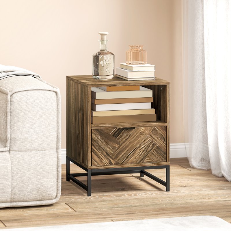 HOMCOM Bedside Table with Drawer and Shelf, Side End Table with Steel Legs for Living Room, Bedroom, Brown Wood Effect
