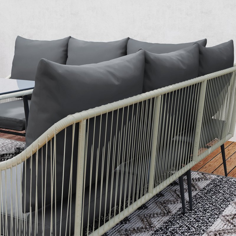 Outsunny 6 Pieces Rattan Garden Furniture Set, Garden Corner Sofa with Thickened Cushions, Outdoor Dining Set with Glass Top Dining Table, Loveseats and Footstools for Conservatory, Light Grey