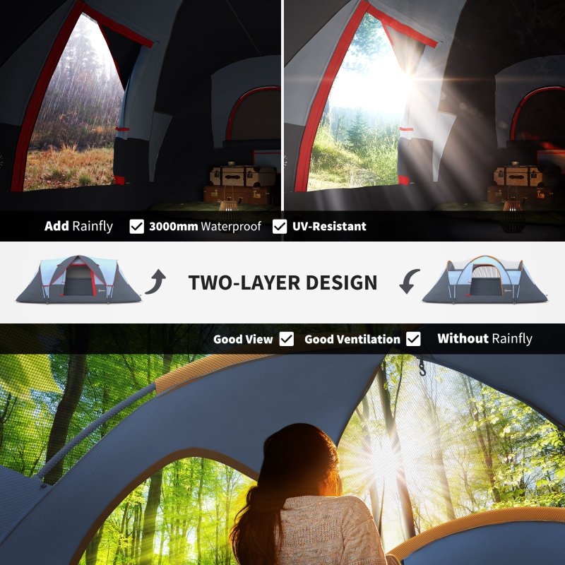 Outsunny 5-6 Man Dome Camping Tent Hiking Shelter UV Protection 3000mm Water Resistant Tunnel Tent - Grey