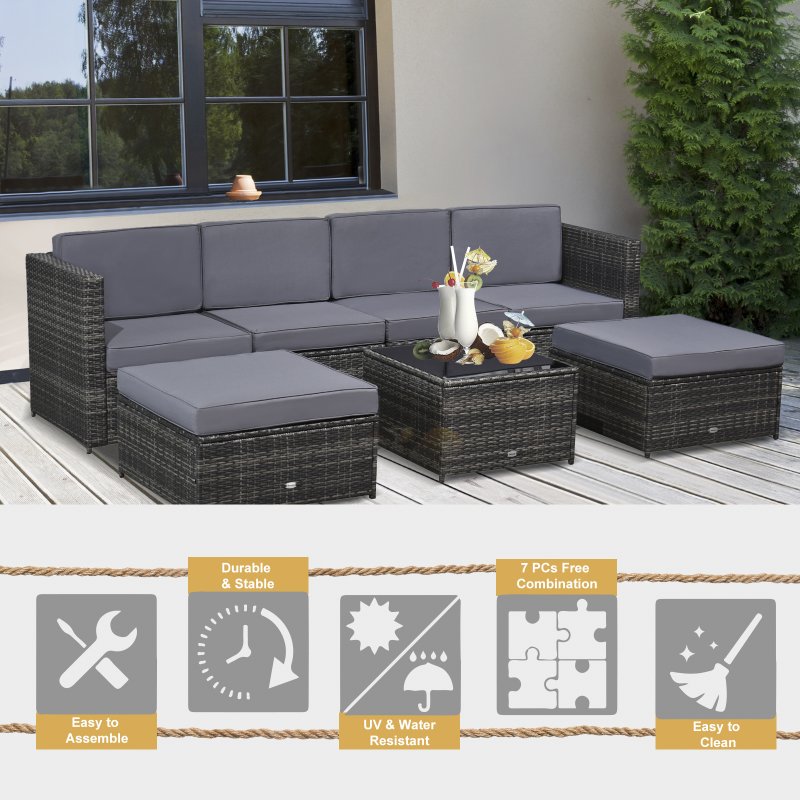 Outsunny 7Pc Rattan Garden Furniture Wicker Sofa & Coffee Table Set Patio Furniture Outdoor with Cushions Grey