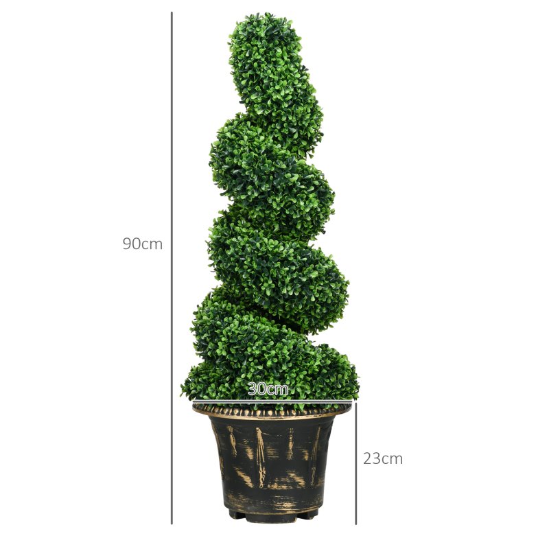 HOMCOM Set of 2 Decorative Artificial Plants Topiary Spiral Boxwood Trees in Pot, Fake Plants for Home Indoor Outdoor Decor, 90cm