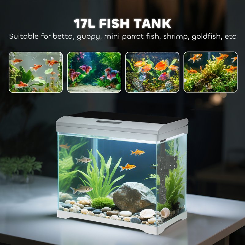 PawHut 17L Fish Tank, Glass Aquarium with Filter System, LED Light, Water Pump, Fish Tank Starter Kits for Betta, Goldfish, Shrimps, White