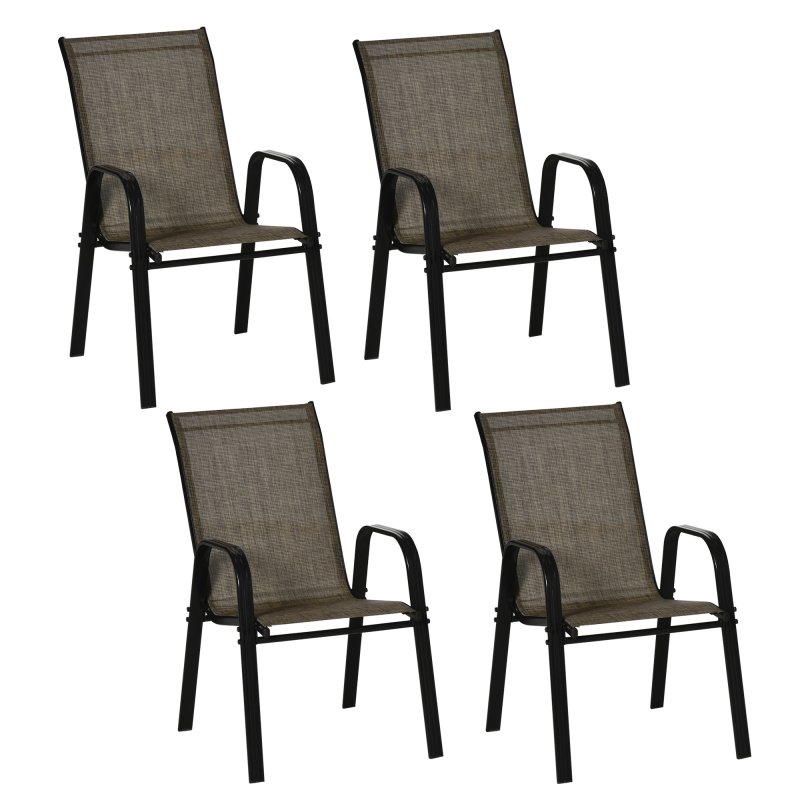 Outsunny 4 Pieces Garden Chairs, Stackable Outdoor Chairs with High Backrest and Armrest, Breathable Mesh Fabric Dining Chair Set of 4, Mixed Brown