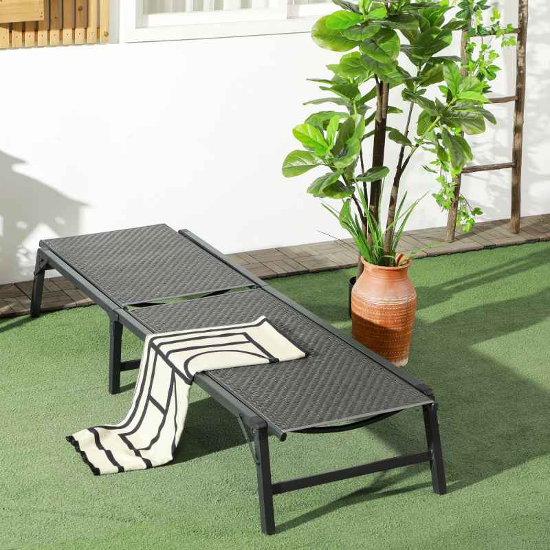 Outsunny Foldable Outdoor PE Rattan Sun Lounger, Patio Wicker Recliners Lounge Chair w/ 5-Level Adjustable Backrest, for Poolside, Garden, Grey