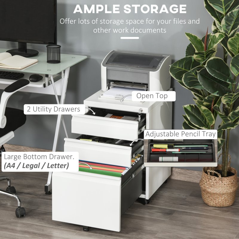 Vinsetto 3-Drawer Filing Cabinet with Lock, Mobile Steel File Cabinet for A4, Legal and Letter Size, Under Desk Drawers with Pre-Assembled Body for Home Office, 39 x 48 x 60 cm, White