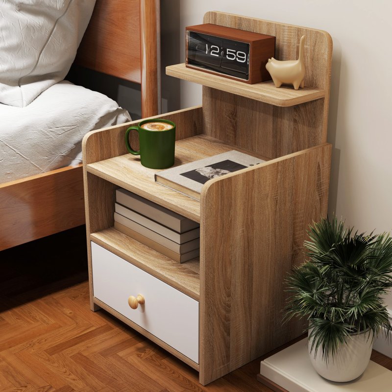 HOMCOM Bedside Table, Bedside Cabinet with Drawer, Modern Side Table with Shelf for Bedroom, Living Room, Natural Wood Effect