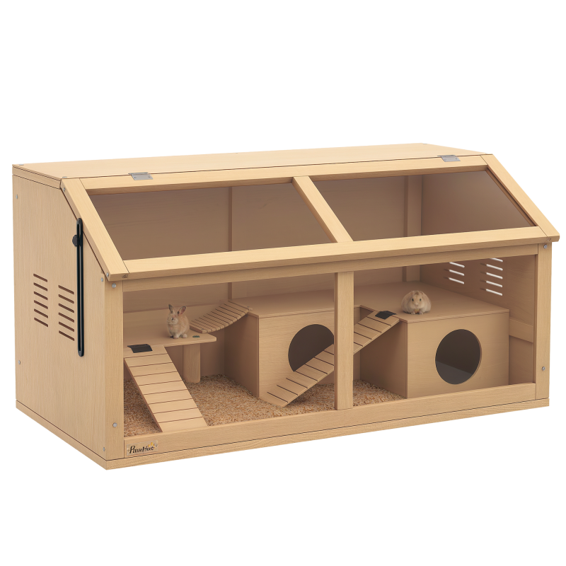 PawHut Wooden Hamster Cage, Gerbil Cage for Syrian Hamster with Exercise Play House, Openable Top 85 x 45 x 44cm - Nature