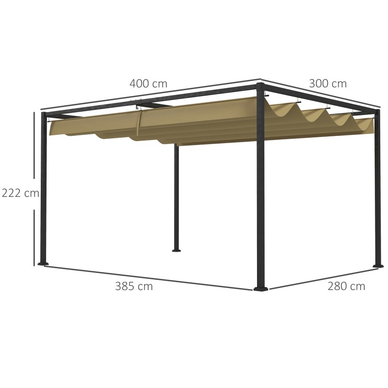 Outsunny 4 x 3(m) Metal Outdoor Pergola with Retractable Roof, Outdoor Gazebo Canopy Shelter with Drainage Holes for Garden, Patio, Lawn, Khaki