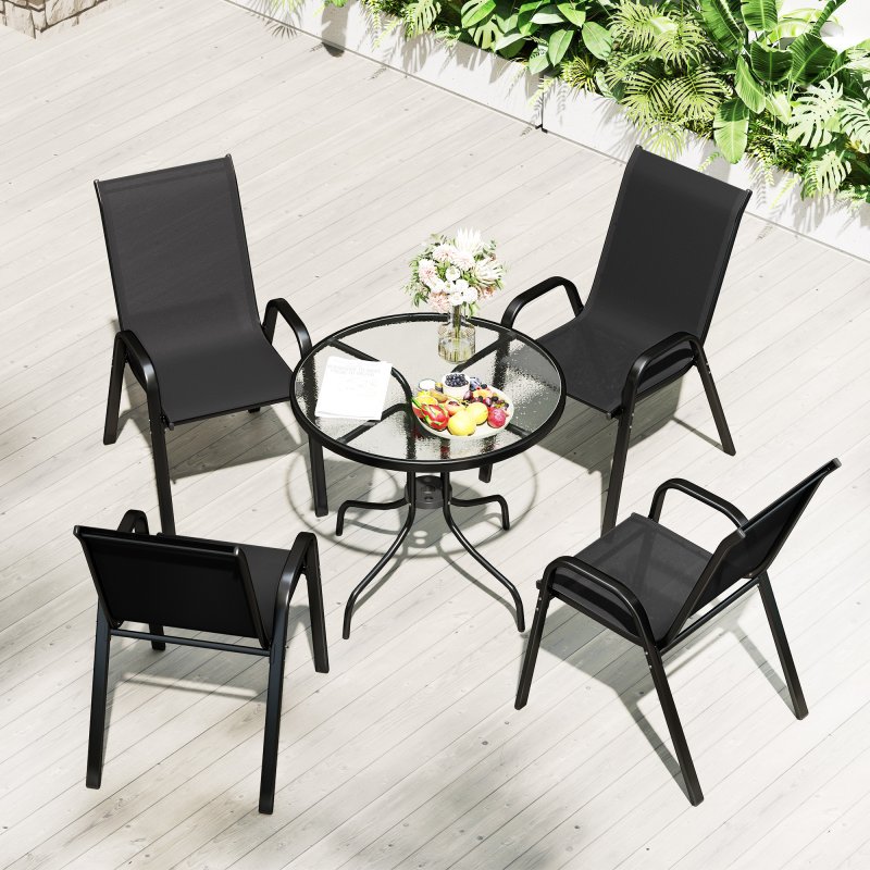 Outsunny 5 Pieces Garden Dining Set, 4 Seater Garden Furniture with High Back Stackable Chairs and Round Glass Top Table, Outdoor Bistro Set with Parasol Hole for Patio, Black