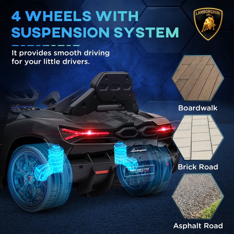 AIYAPLAY Lamborghini Revuelto Licensed Electric Car for Kids with Butterfly Doors, 12V Kids Electric Ride On with Suspension, Remote Control, LED Lights, Horn, USB, MP3 for 3-5 Years, Black